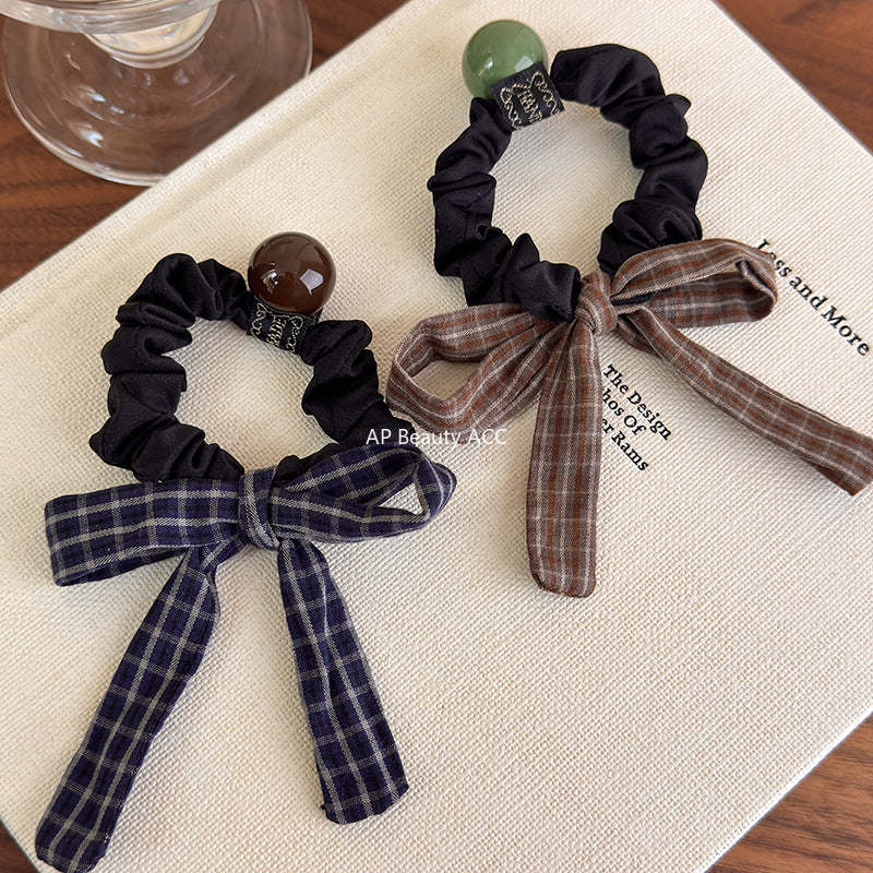 E관 - 체크 스트라이프 리본 방울 곱창 헤어밴드 [27488] 25.09-4