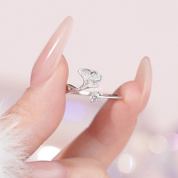 B관 - 925 실버 은행잎 플라워 큐빅 오픈형 반지 [YC3430R_1] 25.11-2