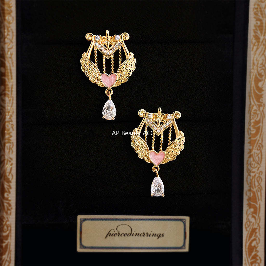 C관 - 하프 모양 하트 물방울 큐빅 925 은침 귀걸이 [7198] 25.12-1