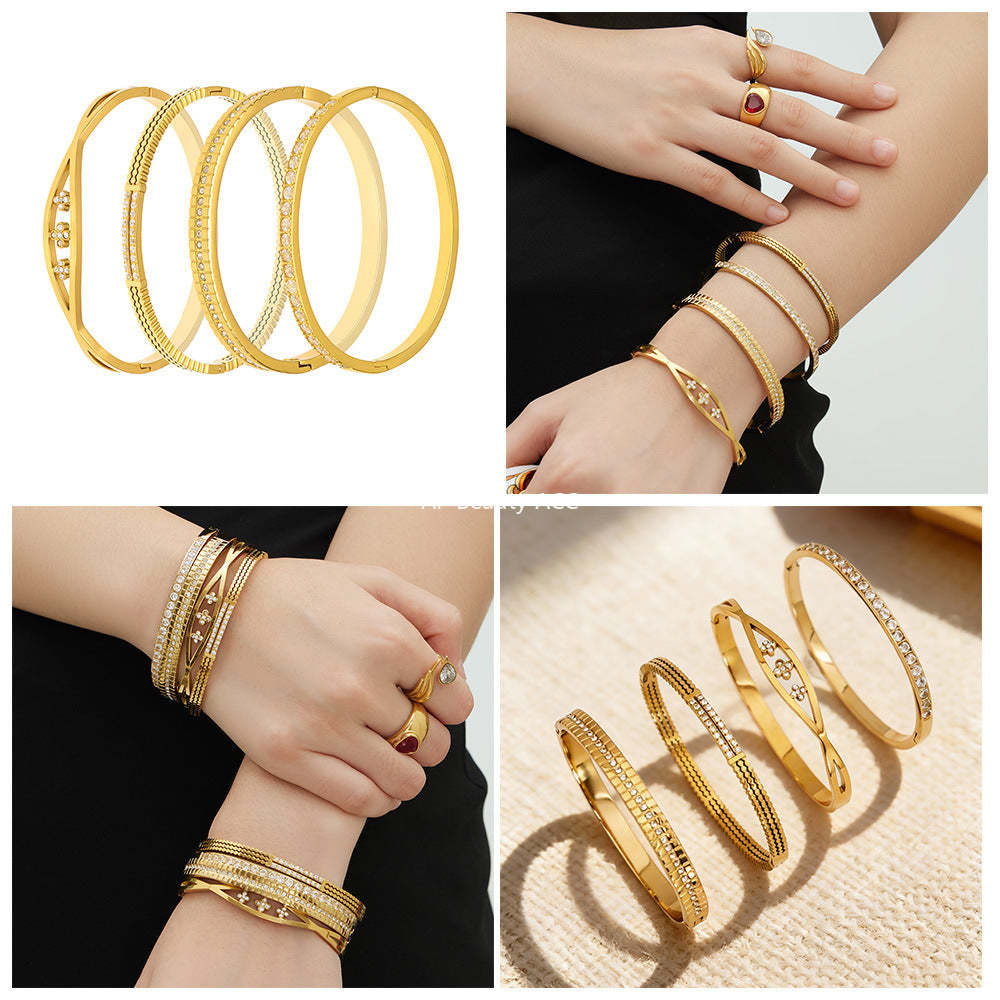 D관 - 큐빅 라인 18K 도금 스테인리스 스틸 뱅글 팔찌 [Z512-15] 25.12-2