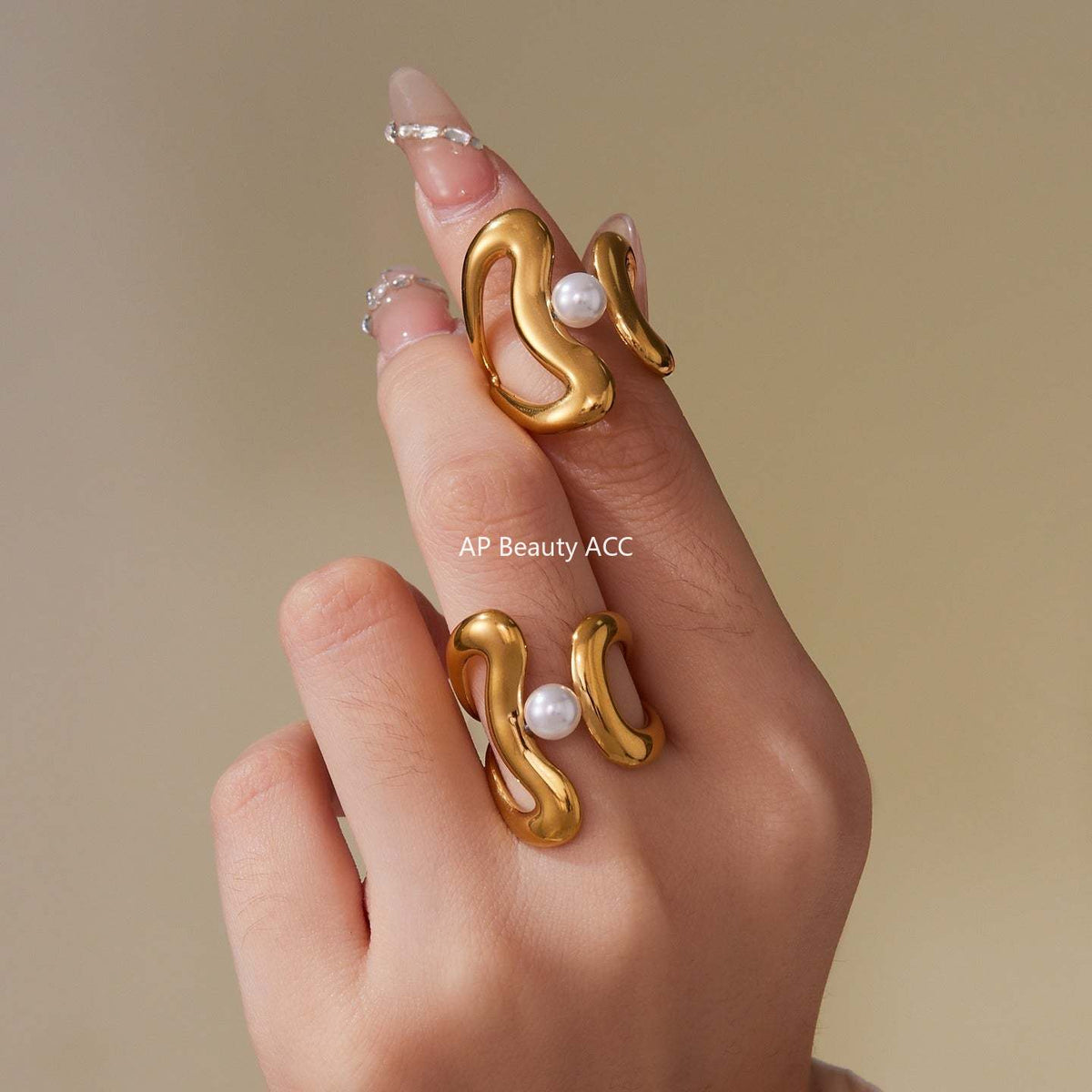 D관 - 스테인리스 스틸 기하학 라인 진주 오픈형 반지 [A388-A645] 25.09-4