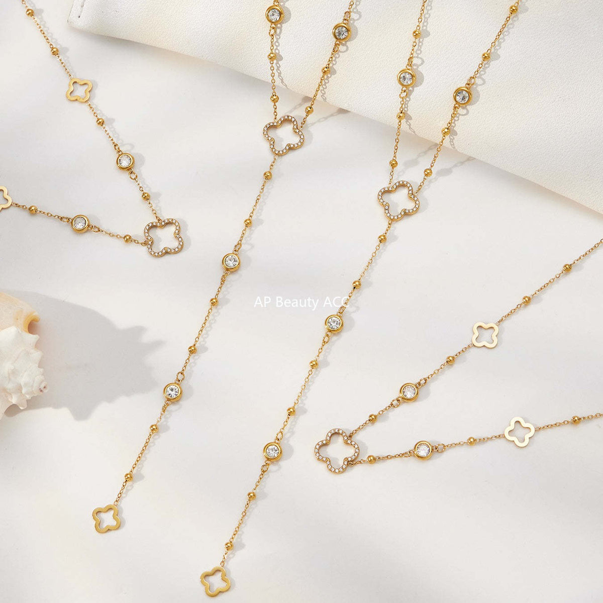 D관 - 스테인리스 스틸 18K 도금 클로버 큐빅 Y자 목걸이 [P664] 25.12-3