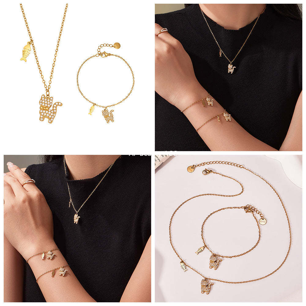 D관 - 고양이 큐빅 펜던트 스테인리스 18K 도금 목걸이 팔찌 [TXP464] 25.11-3