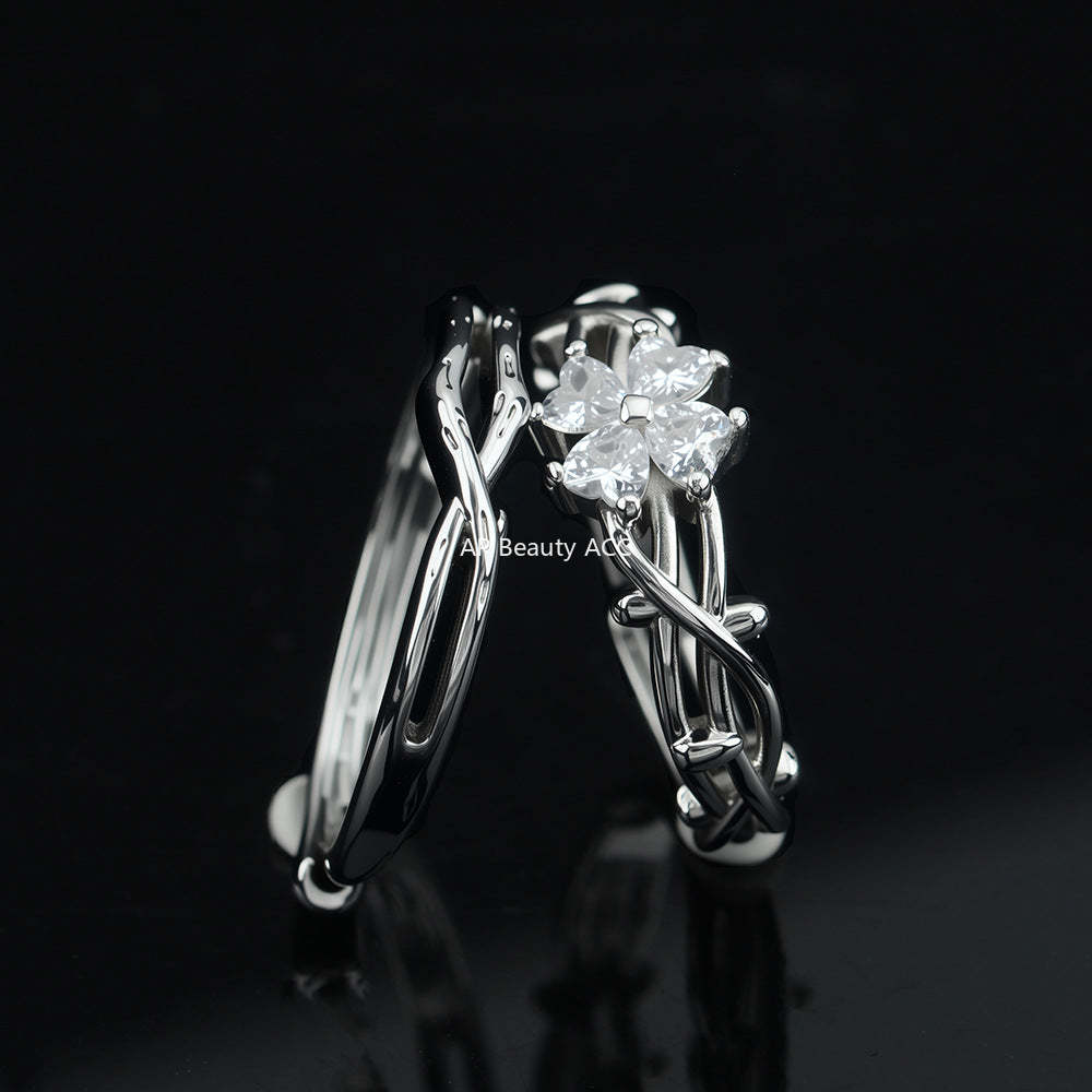 G관 - 나무가지 모양 하트 네잎클로버 큐빅 커플 반지 [J1648] 25.11-4