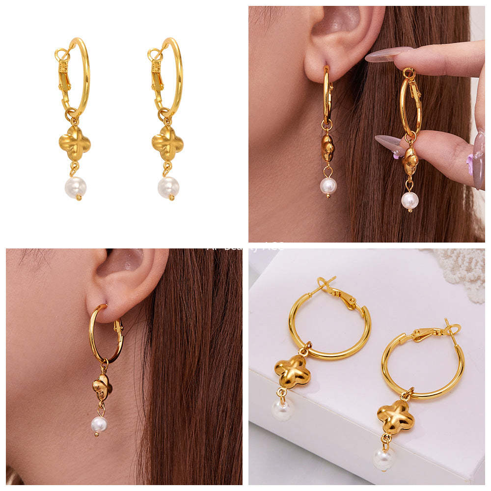 D관 - 신주 진주 클로버 펜던트 귀걸이 [F610] 25.10-5