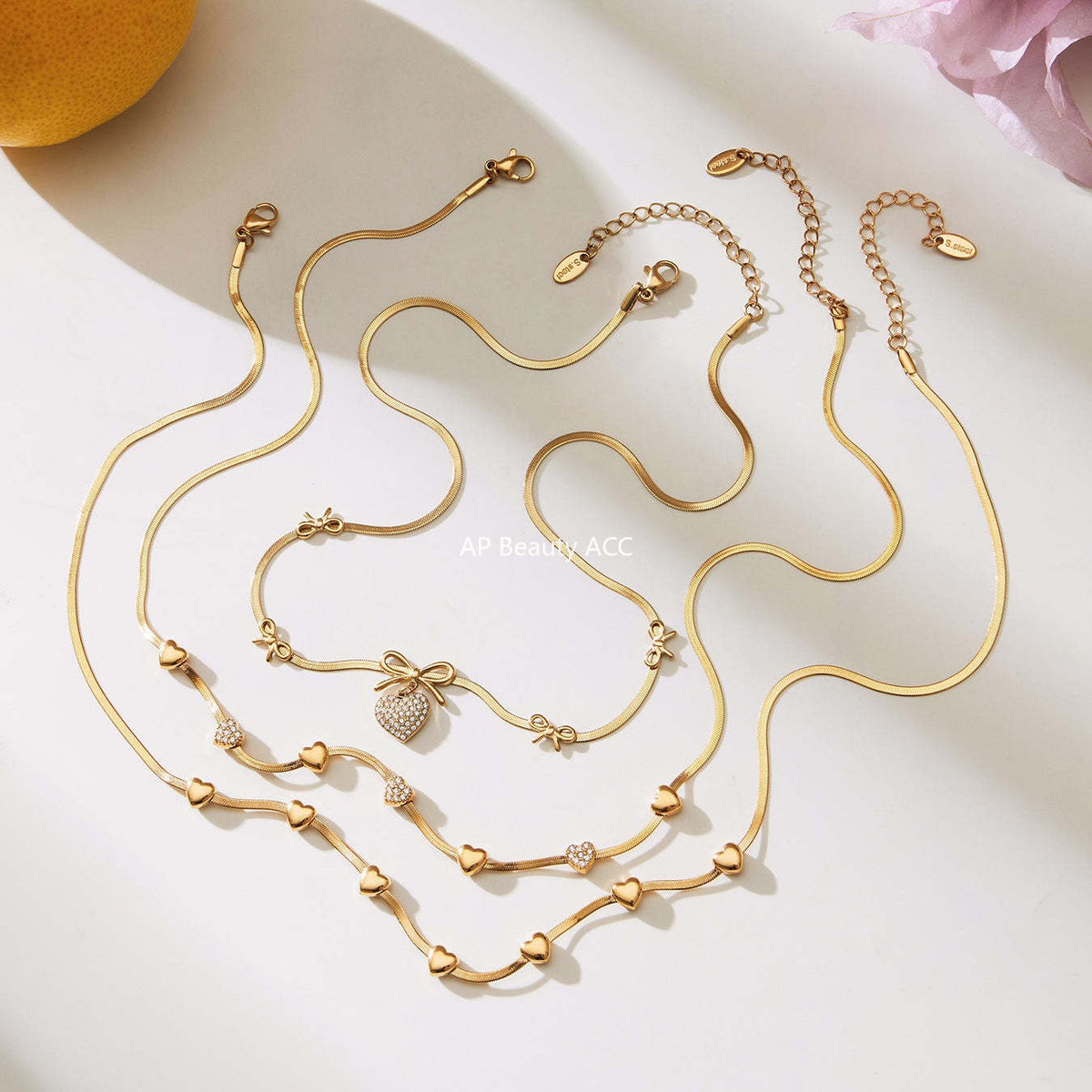 D관 - 스테인리스 스틸 리본 하트 풀큐빅 18K 도금 팔찌 목걸이 [TXP499] 25.11-4