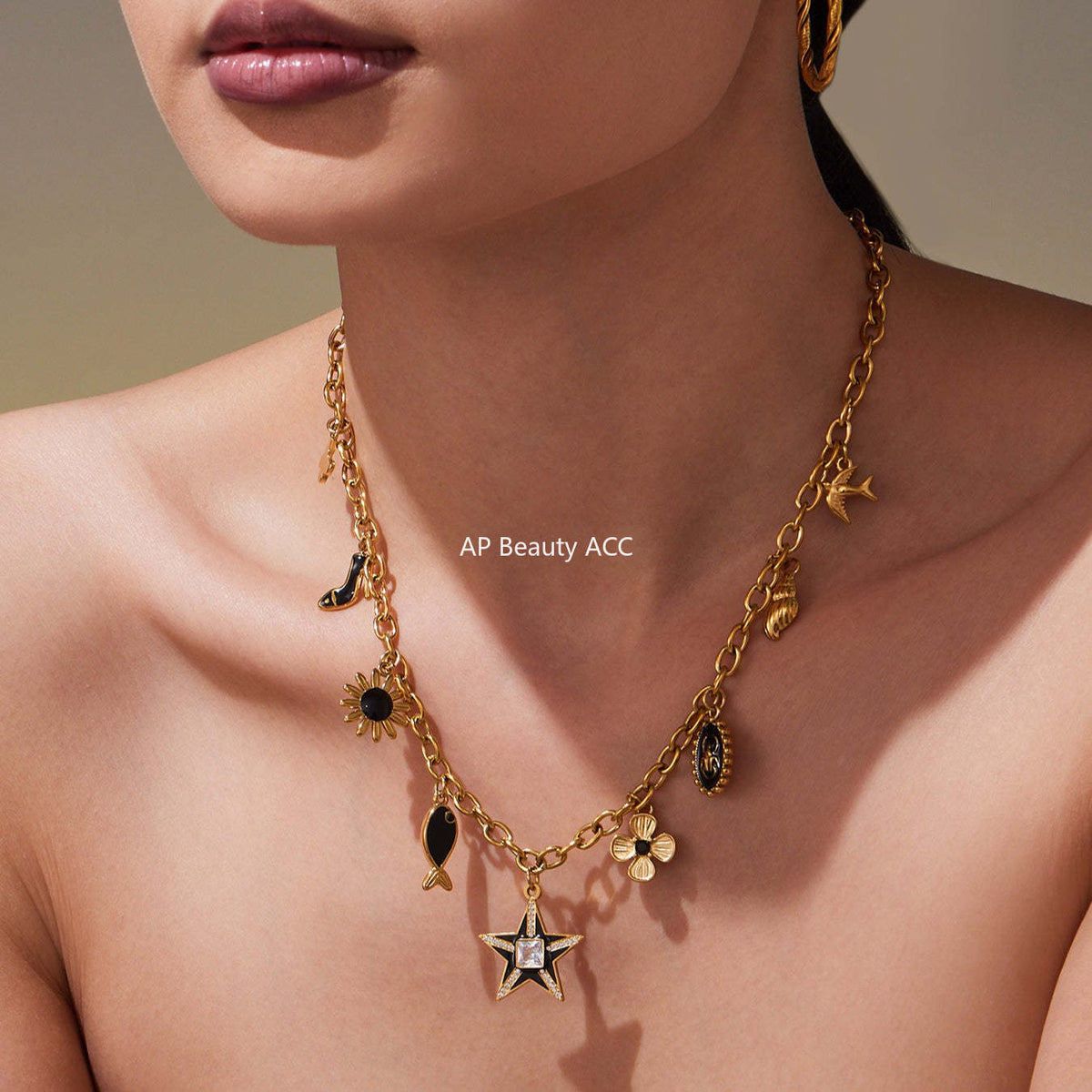 D관 - 18K 도금 스테인리스 스틸 큐빅 별 멀티 펜던트 목걸이 [P081] 25.10-2