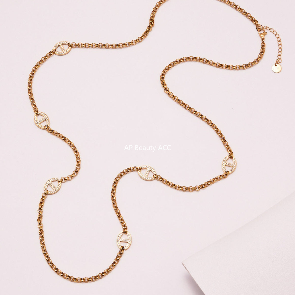 D관 - 스테인리스 스틸 18K 도금 큐빅 버클 장식 롱 목걸이 [M081] 25.10-3