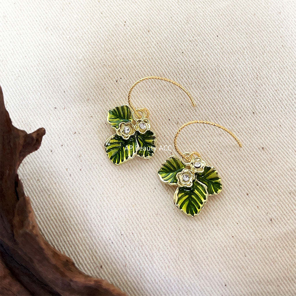 C관 - 14K 도금 고급스러운 글라스 진주 포도 잎 귀걸이 [4176] 24.05-5