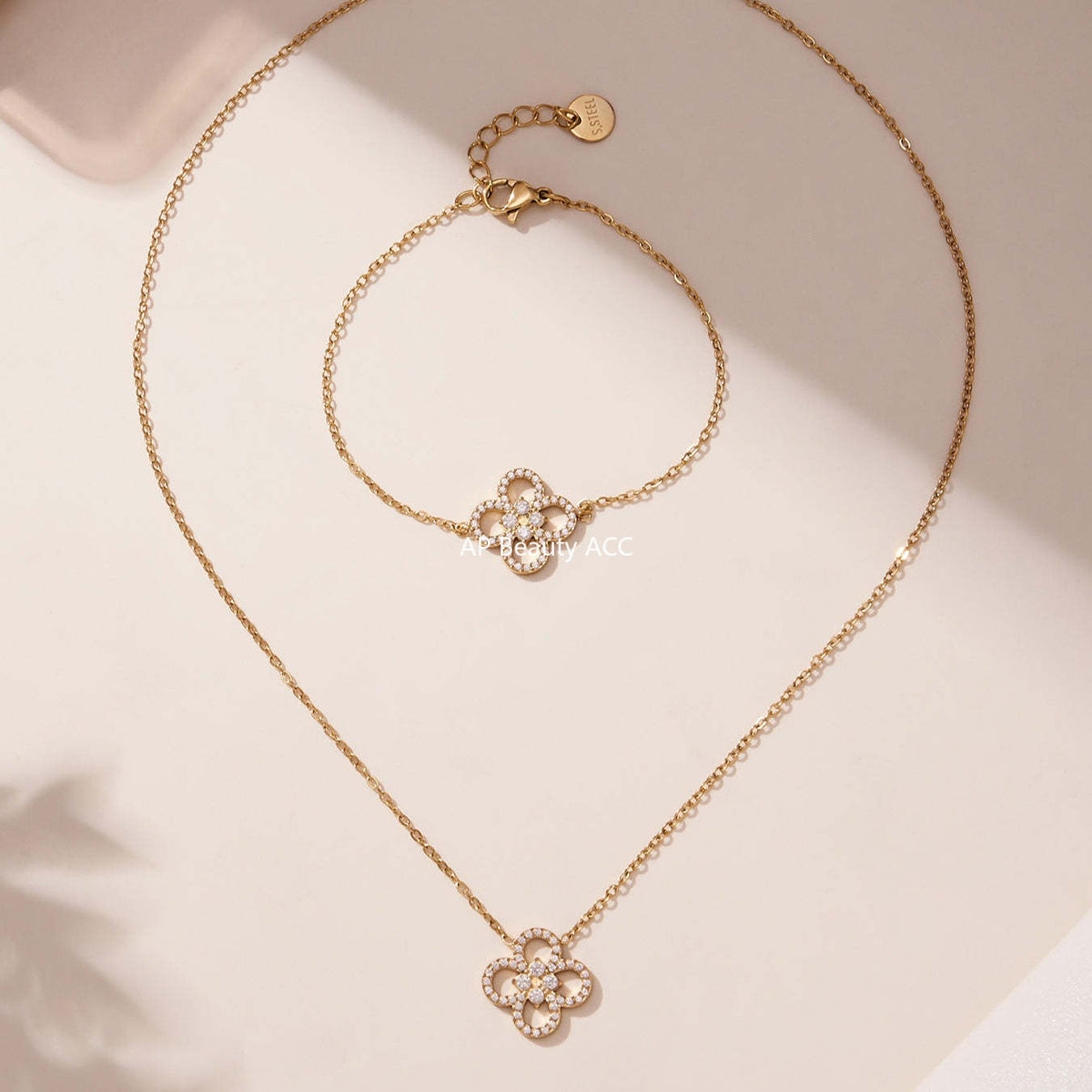 D관 - 네잎클로버 큐빅 18K 도금 스테인리스 목걸이 팔찌 [TXP474-TXE474] 25.11-3