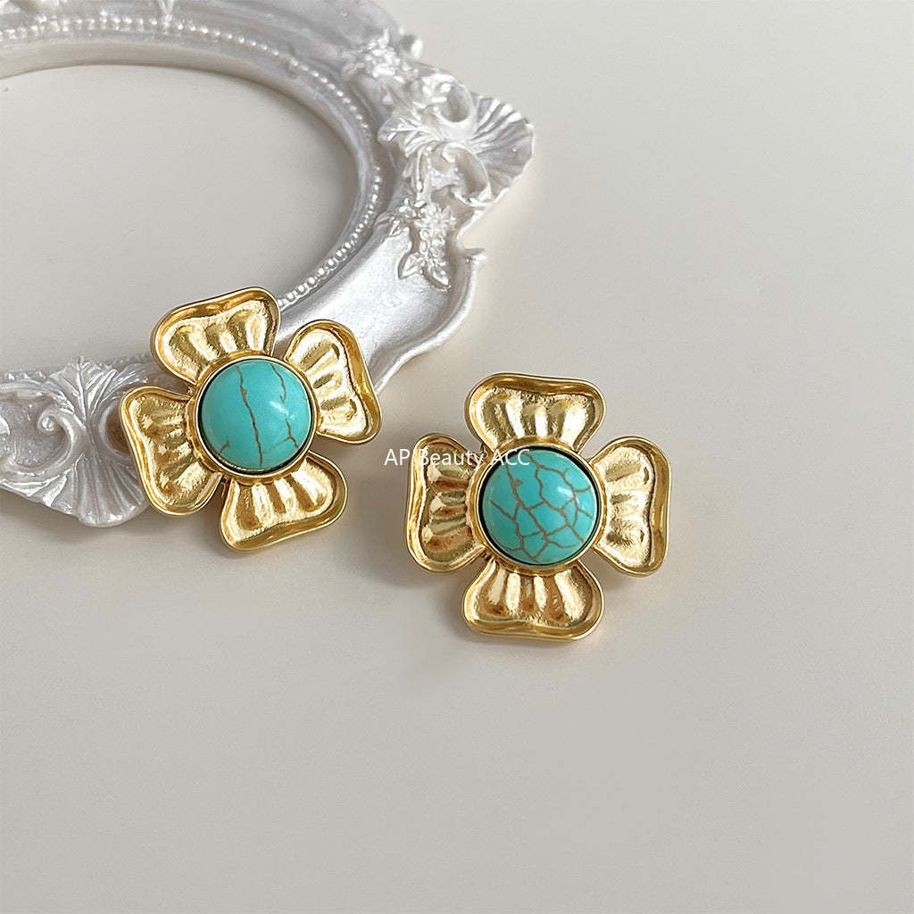 C관 - 프렌치 스타일 합성 터키석 무광 14K 도금 은침 귀걸이 [4311] 24.06-4