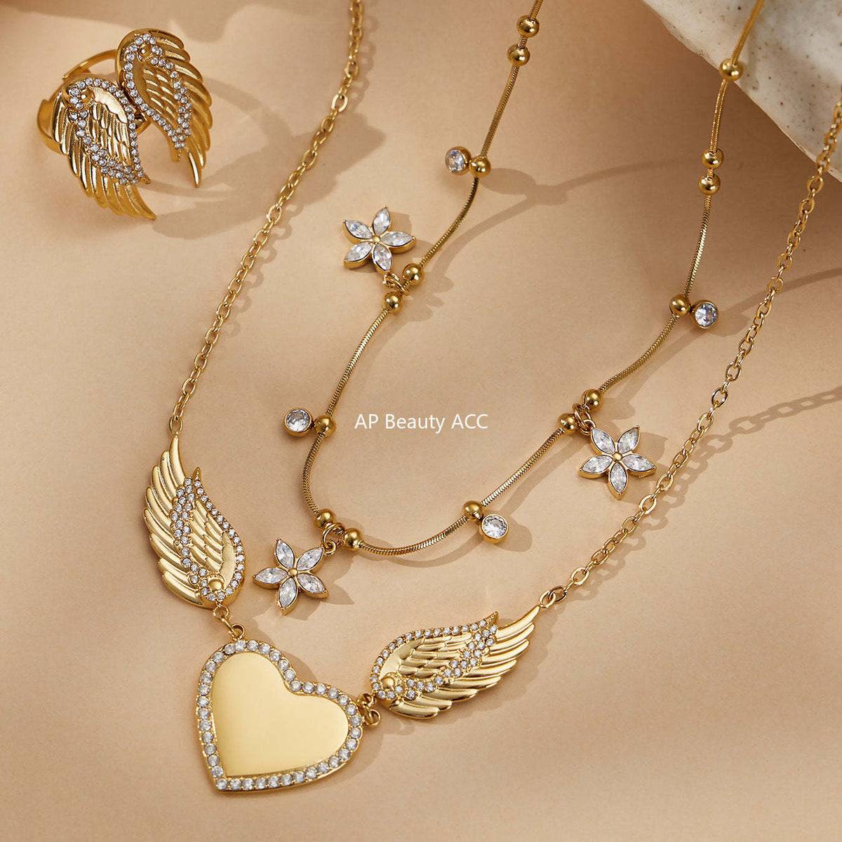 D관 - 스테인리스 스틸 18K 도금 큐빅 하트 날개 펜던트 목걸이 반지 [TXP523] 25.12-3