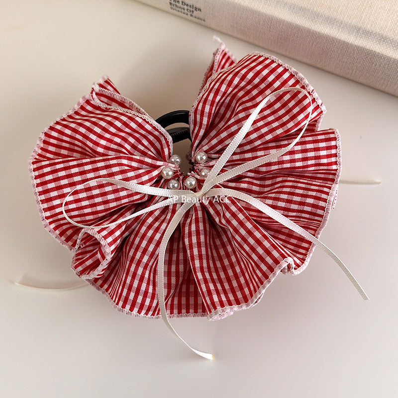 E관 - 체크 러플형 리본 대형 빈티지 집게핀 [27527] 25.10-1