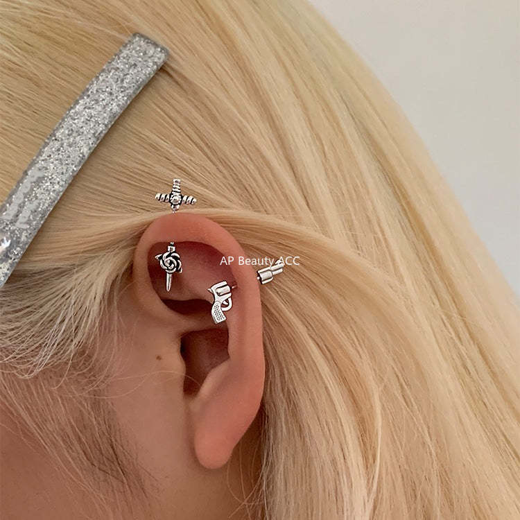 A관 - 925 은침 권총 장미 십자가 모양 피어싱 귀걸이 [EH-4190] 25.10-5