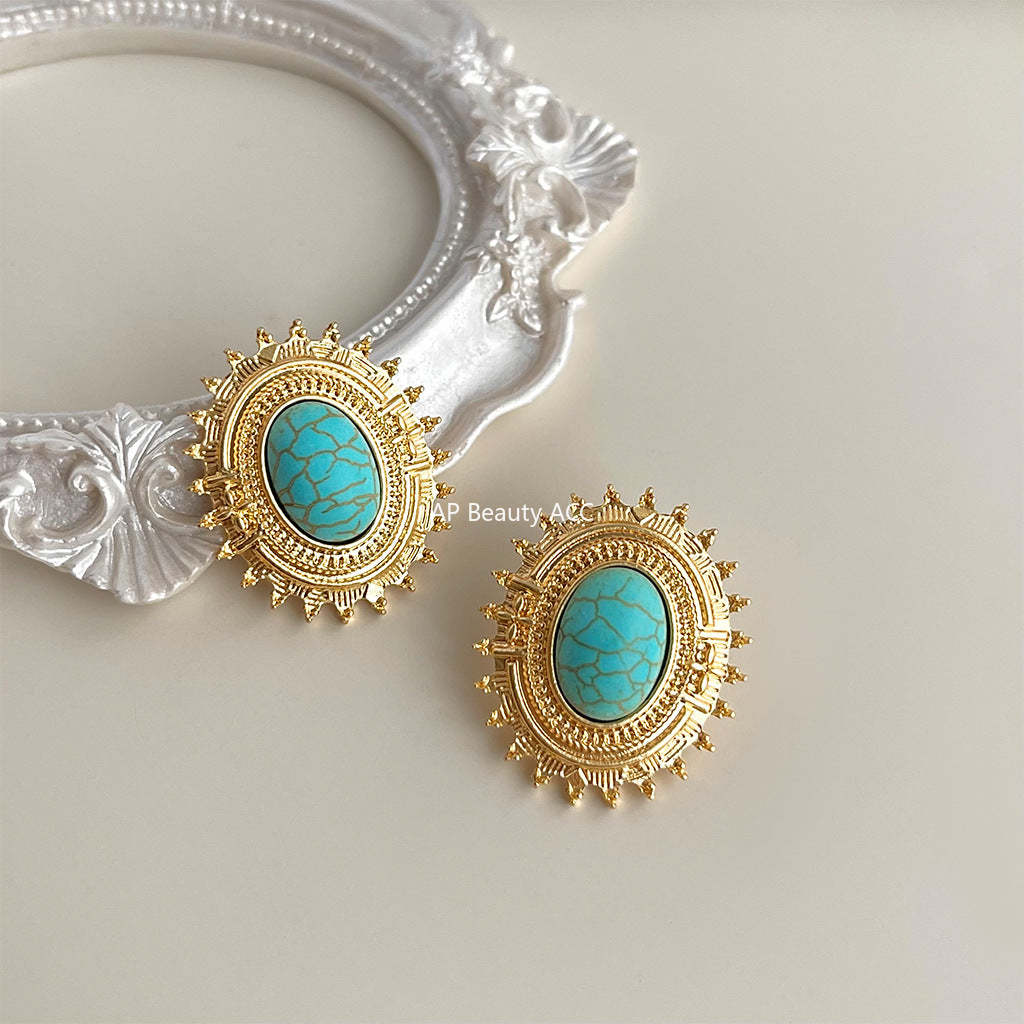 C관 - 합성 터키석 기하학 오벌 빈티지 14K 도금 은침 귀걸이 [4313] 24.07-1