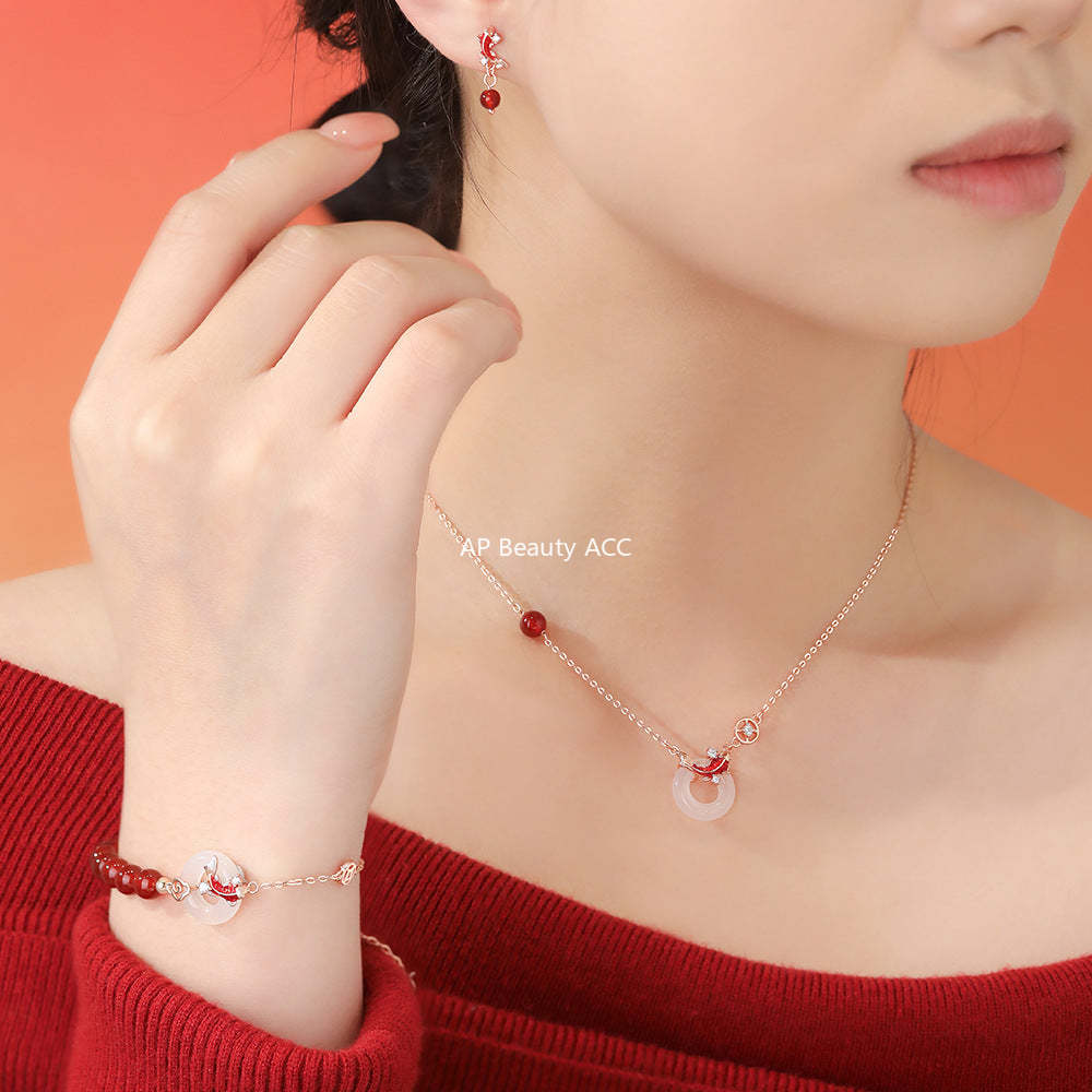 B관 - 999 실버 홍마노 백옥 잉어 모양 목걸이 귀걸이 팔찌 [YC3379E_1 YC2289N_1 YC5110SL_1] 25.12-2