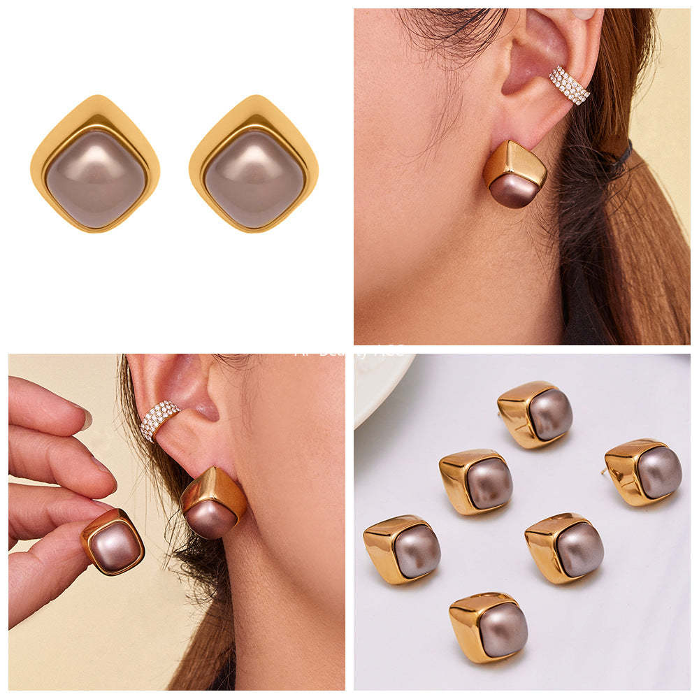 D관 - 스테인리스 18K 도금 그레이 진주 비정형 귀걸이 [F629] 25.10-5