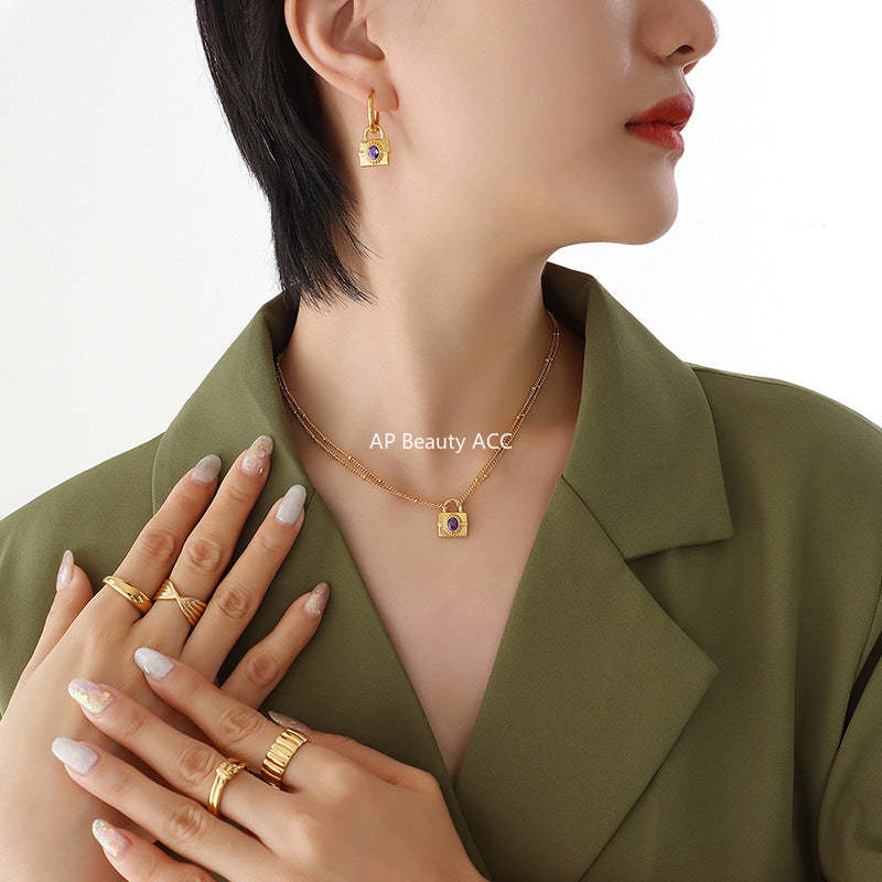D관 - 티타늄 스틸 큐빅 자물쇠 디자인 목걸이 팔찌 [P300-F032] 24.05-2
