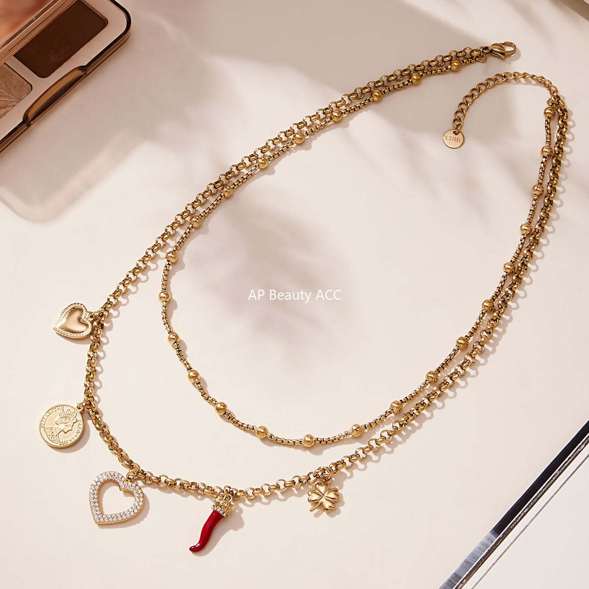 D관 - 더블 레이어 하트 큐빅 멀티 펜던트 스테인리스 목걸이 [P170] 25.11-3