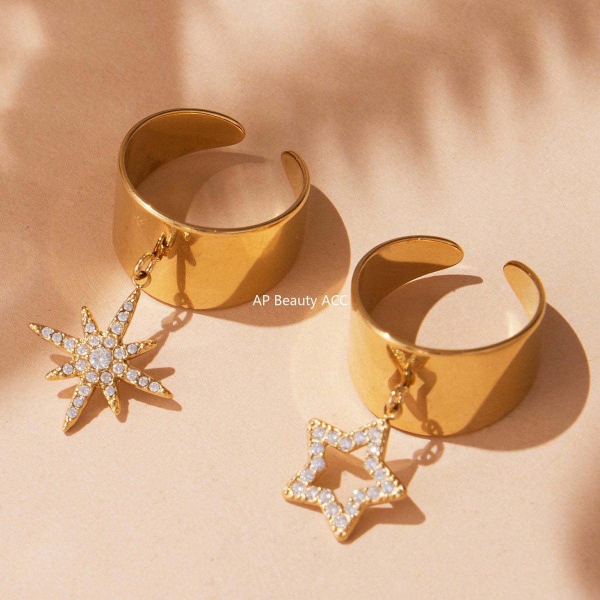 D관 - 스테인리스 스틸 와이드 별 큐빅 18K 골드 도금 오픈형 반지 [A074] 25.09-4