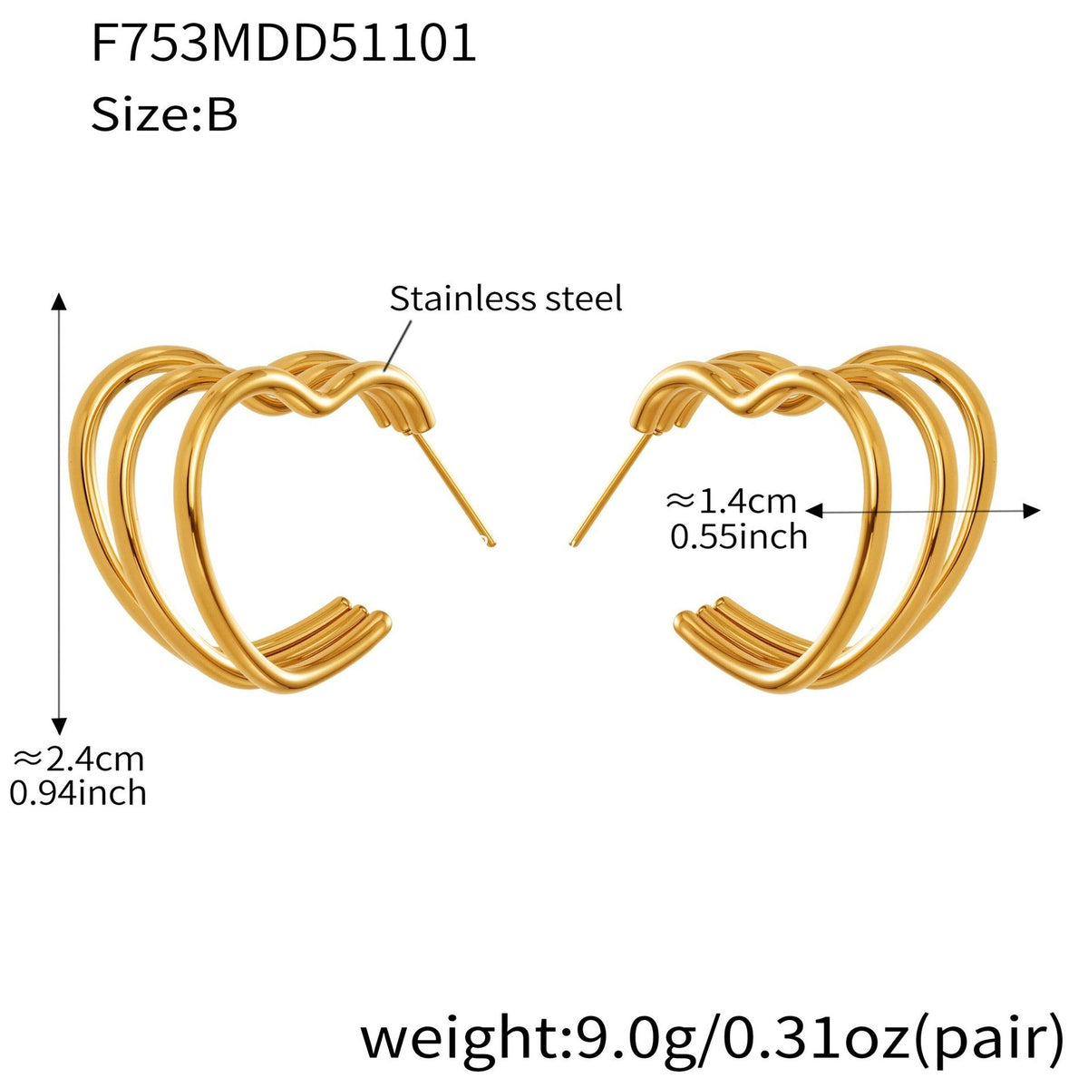 D관 - 스테인리스 18K 도금 레이어 하트 트위스트 귀걸이 [F753] 25.11-1