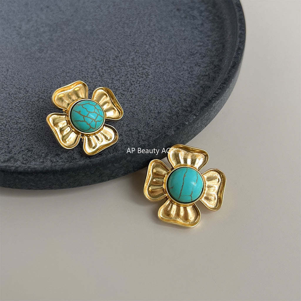 C관 - 프렌치 스타일 합성 터키석 무광 14K 도금 은침 귀걸이 [4311] 24.06-4