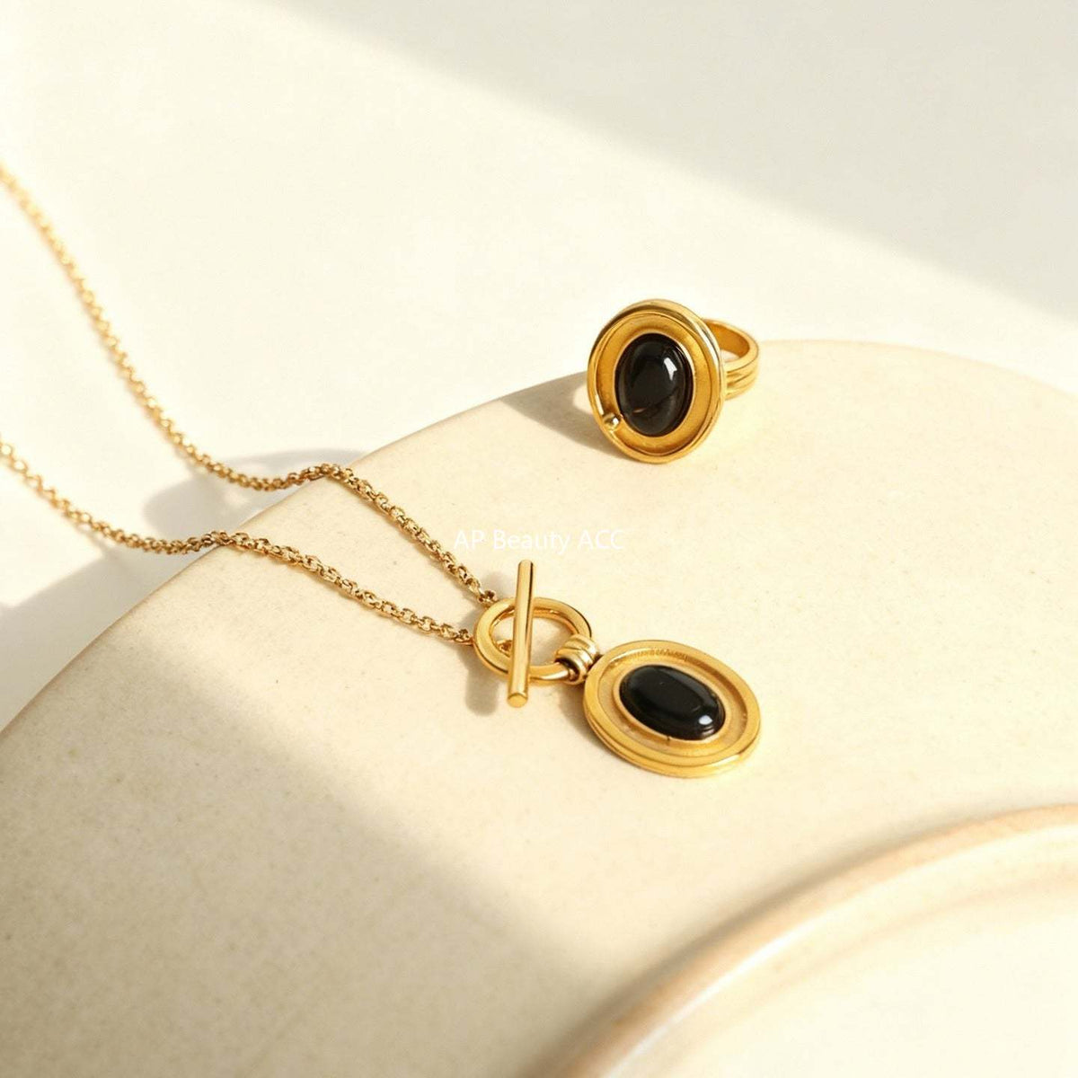 D관 - 오닉스 펜던트 OT 고리 18K 도금 스테인리스 스틸 목걸이 반지 [P1889] 25.12-2