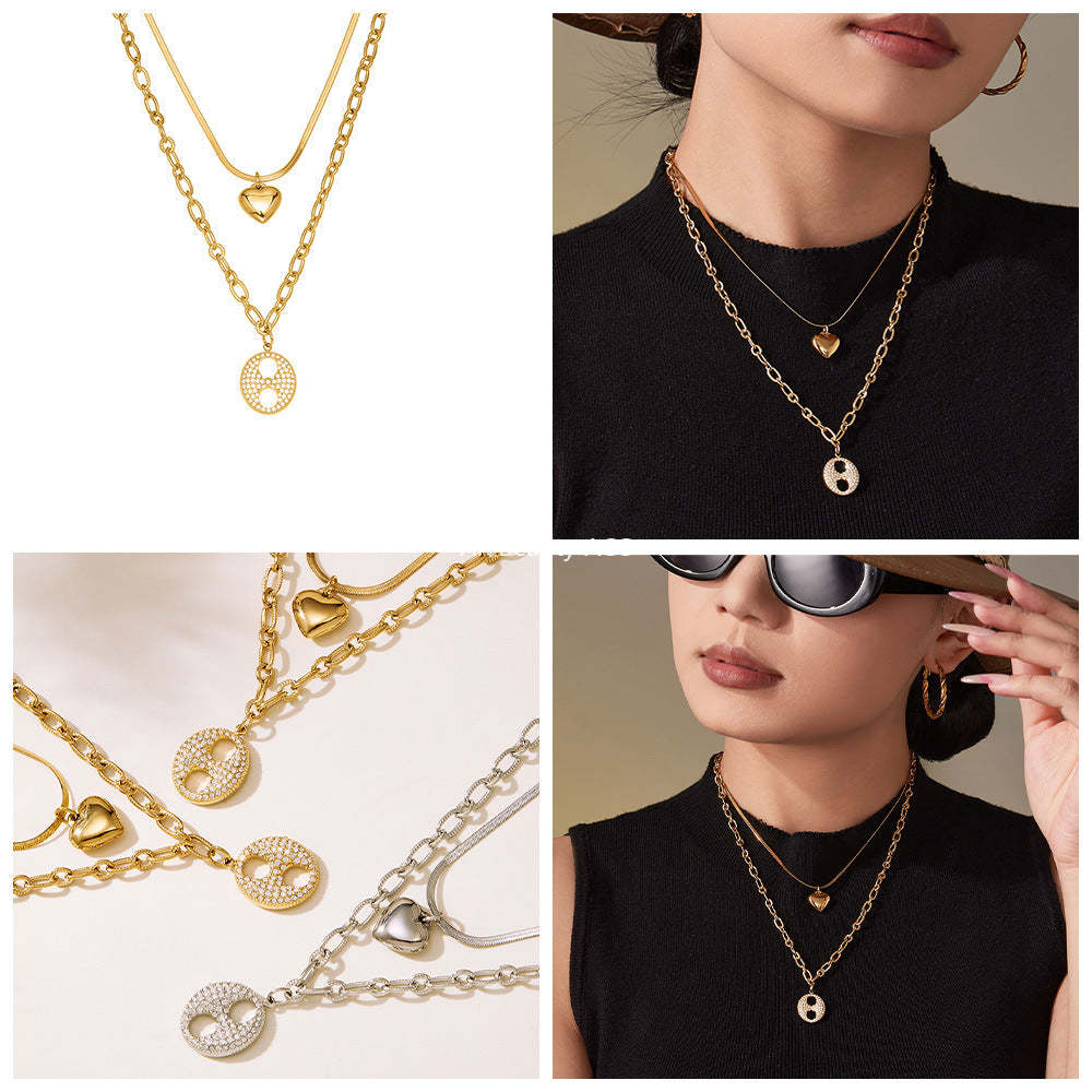 D관 - 더블 레이어 하트 큐빅 18K 도금 스테인리스 목걸이 [P100] 25.11-3