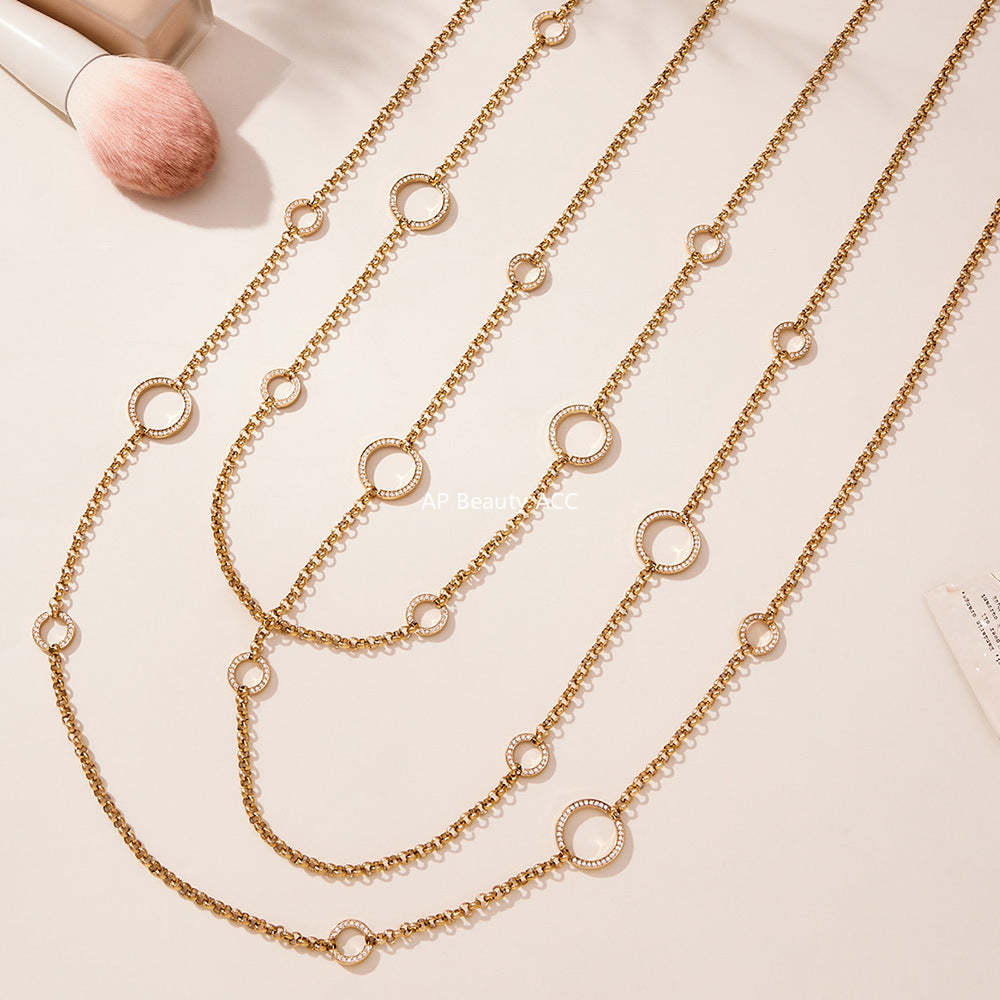 D관 - 큐빅 O체인 더블 레이어드 스테인리스 스틸 롱 목걸이 [M085] 25.11-3