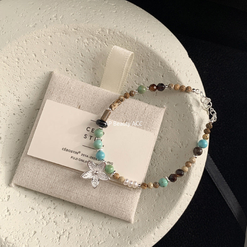 A관 - 925 실버 핸드메이드 진주 플라워 재스퍼 아게이트 팔찌 목걸이 [1540] 25.11-2