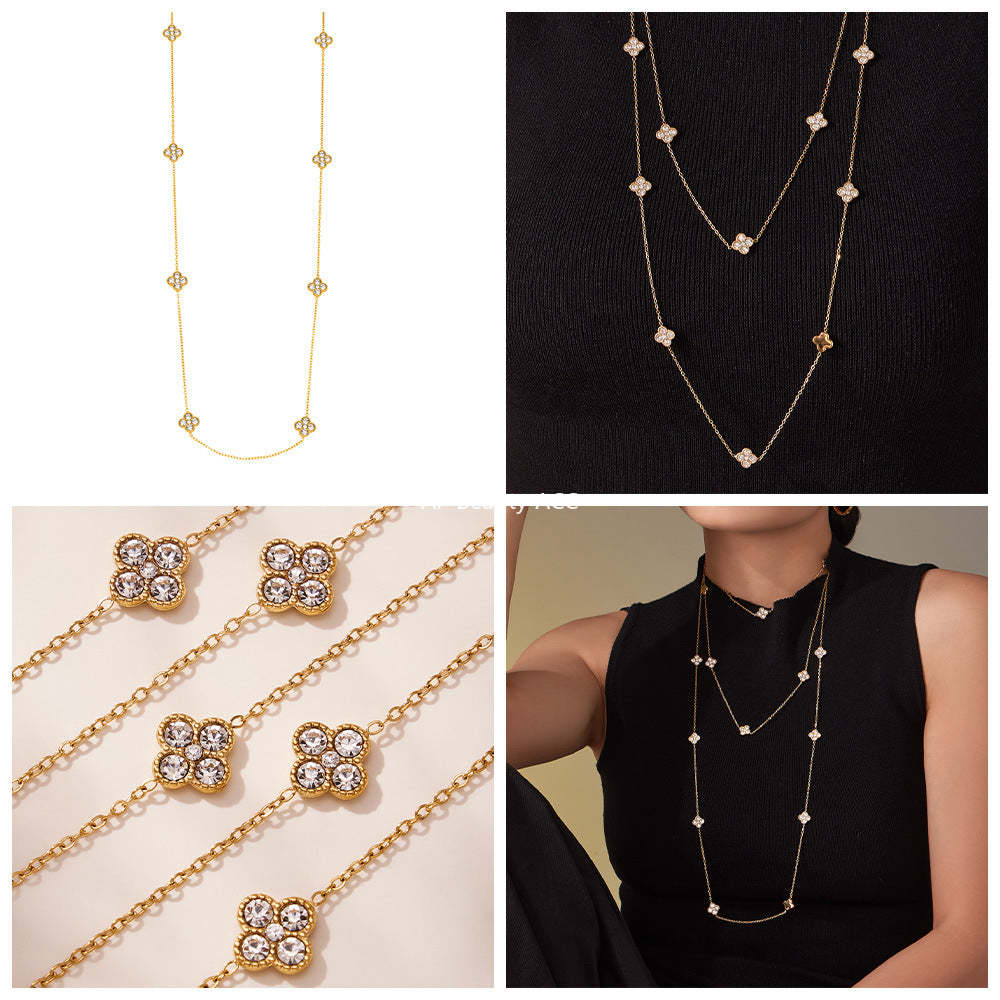 D관 - 클로버 플라워 풀큐빅 스테인리스 스틸 롱 목걸이 [M086] 25.11-3