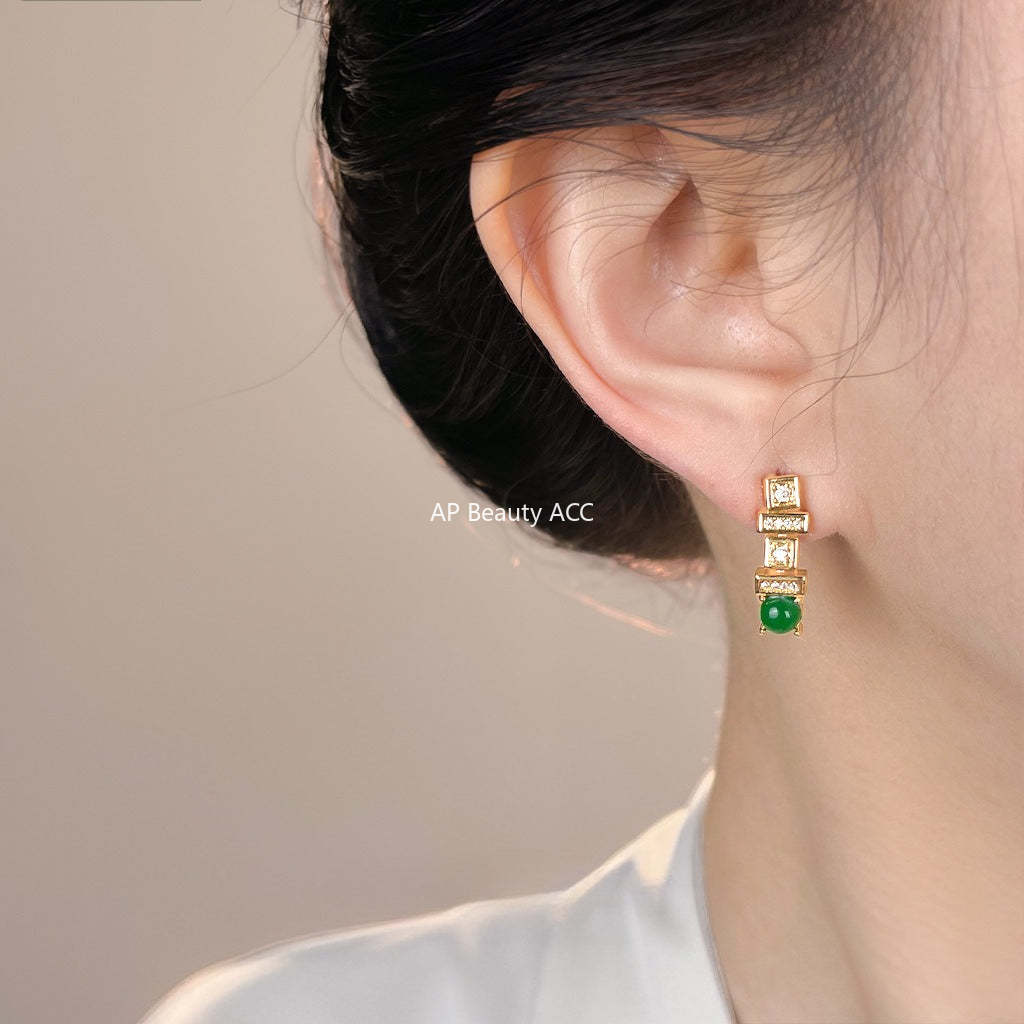 C관 - 직사각형 큐빅 그린 레진 925 은침 귀걸이 [7177] 25.12-1