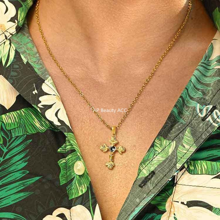 G관 - 스테인리스 스틸 하트 큐빅 장미 십자가 펜던트 목걸이 [PN-2240] 25.10-4