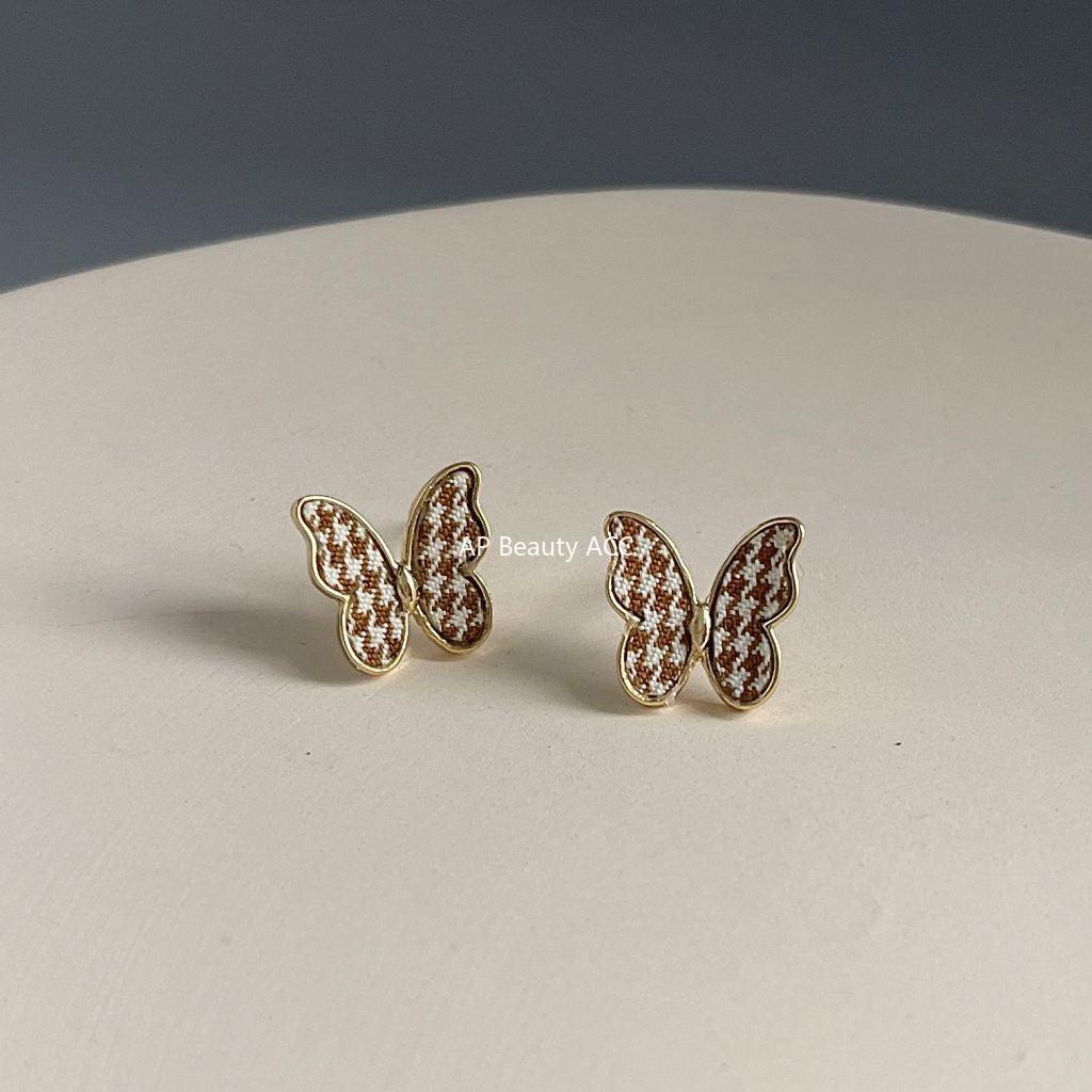 C관 - 작은 체크무늬 리본 디자인 패브릭 고급스러운 은침 귀걸이 [629] 24.03-4