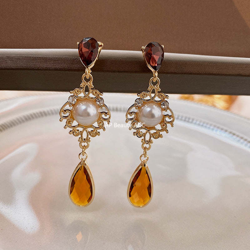 C관 - 빈티지 은침 큐빅 장식 빈티지 꽃무늬 물방울 진주 귀걸이 [E10613] 24.01-3