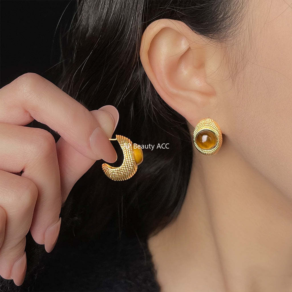 C관 - 925 은침 14K 도금 천연석 호안석 귀걸이 [5691] 25.03-2