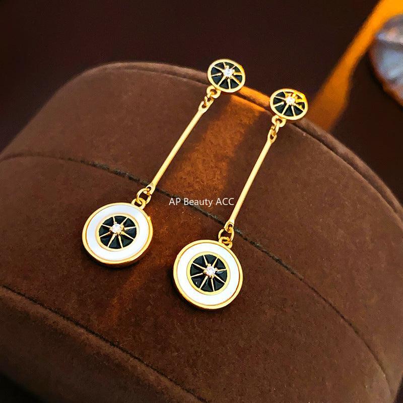 C관 - 레트로 18K 도금 은침 큐빅 원형 자개 유니크 귀걸이 [E374] 24.03-2