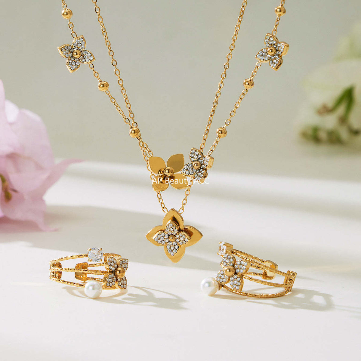 D관 - 스테인리스 스틸 큐빅 플라워 펜던트 목걸이 반지 [TXP489] 25.11-4