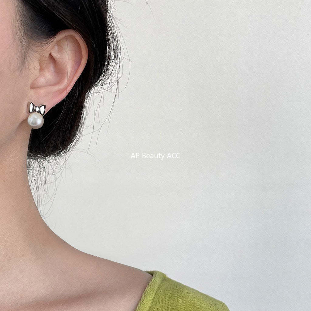 C관 - 고급스러운 글라스 진주 리본 14K 도금 은침 귀걸이 [3847-3848] 24.04-3