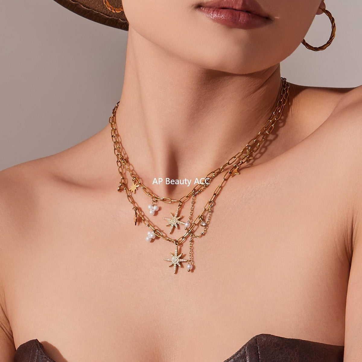 D관 - 스테인리스 스틸 팔각별 큐빅 펜던트 18K 도금 핸드메이드 목걸이 [P1154] 25.11-4