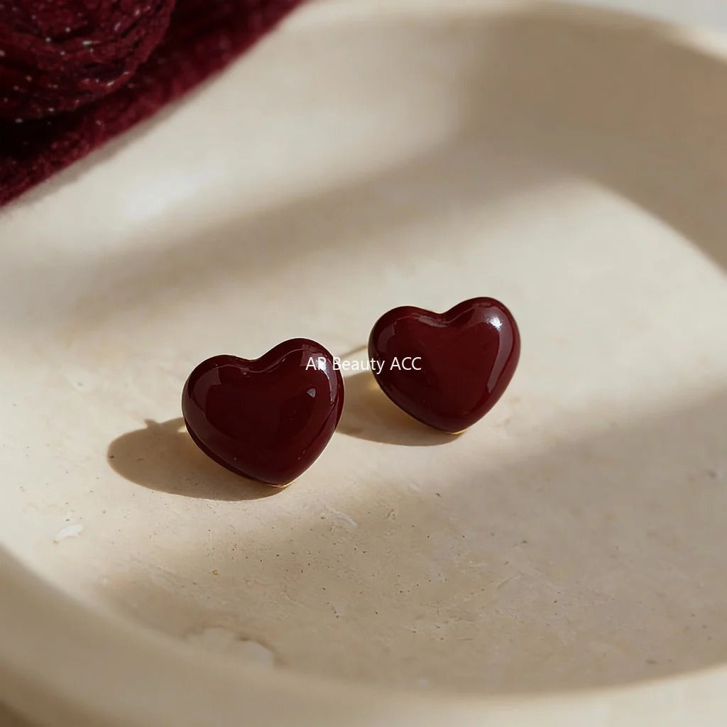C관 - 핸드페인팅 와인 레드 하트 925 은침 귀걸이 [7254] 25.12-3