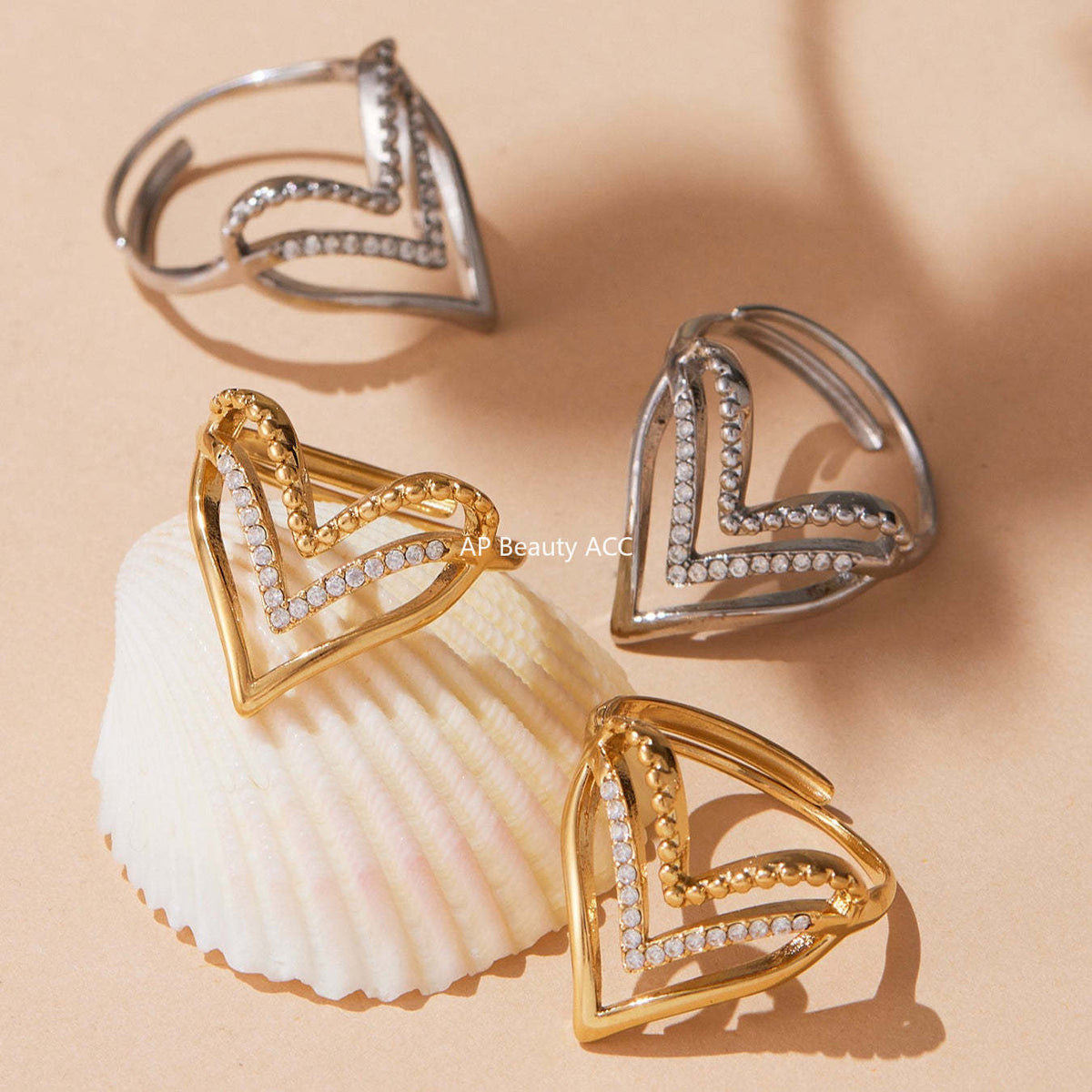 D관 - 스테인리스 스틸 풀 큐빅 하트 원형 오픈형 반지 [A330-A331] 25.09-4