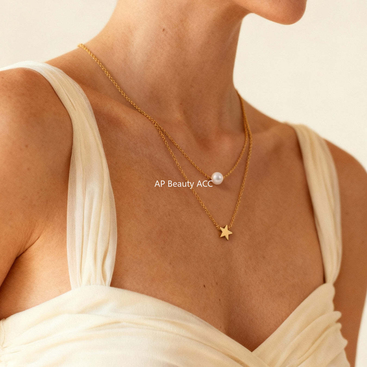 D관 - 스테인리스 스틸 18K 도금 별 진주 더블 레이어 목걸이 [P001] 25.12-1
