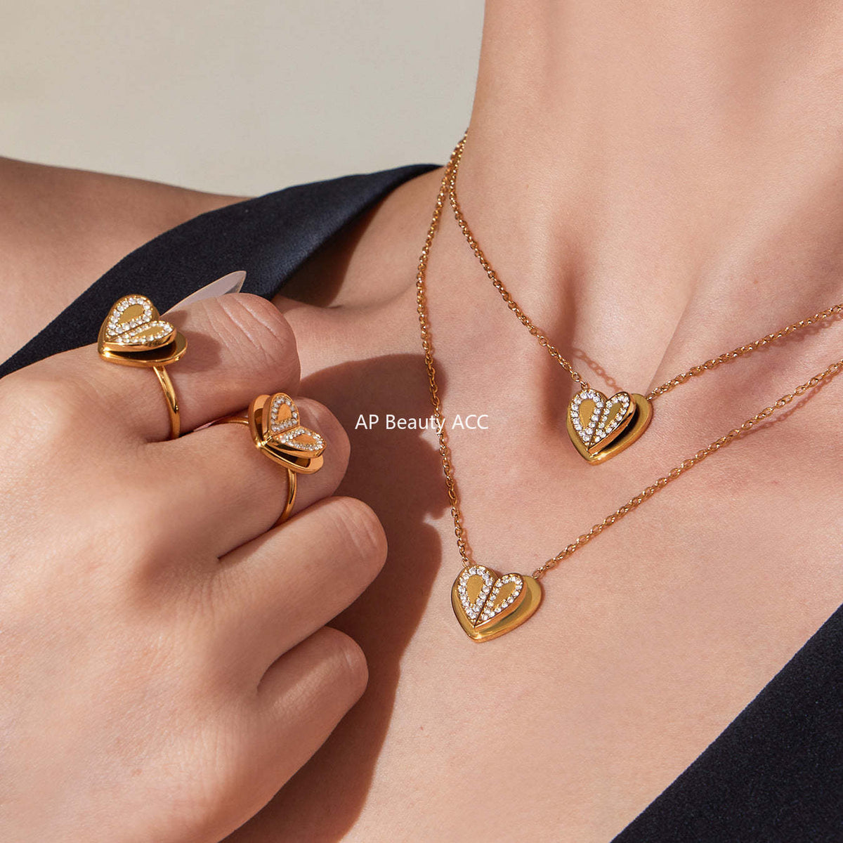 D관 - 18K 도금 스테인리스 스틸 큐빅 더블 하트 반지 귀걸이 목걸이 [TXP446] 25.10-4