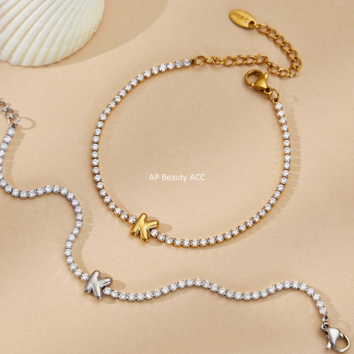 D관 - 스테인리스 스틸 18K 도금 알파벳 큐빅 팔찌 [RE023] 25.12-3