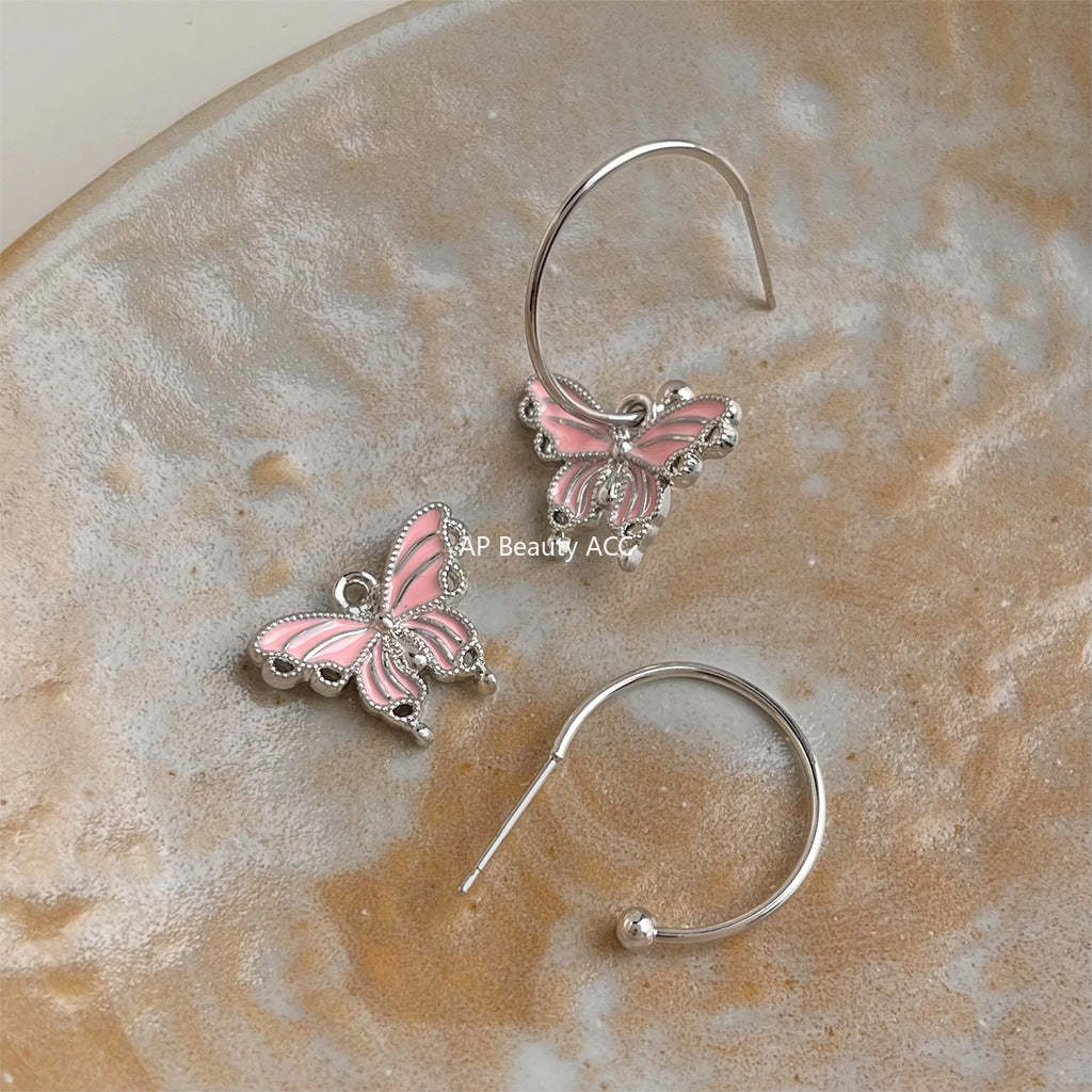 C관 - 핑크 버터플라이 러블리 오일코팅 은침 귀걸이 [5678] 25.03-1