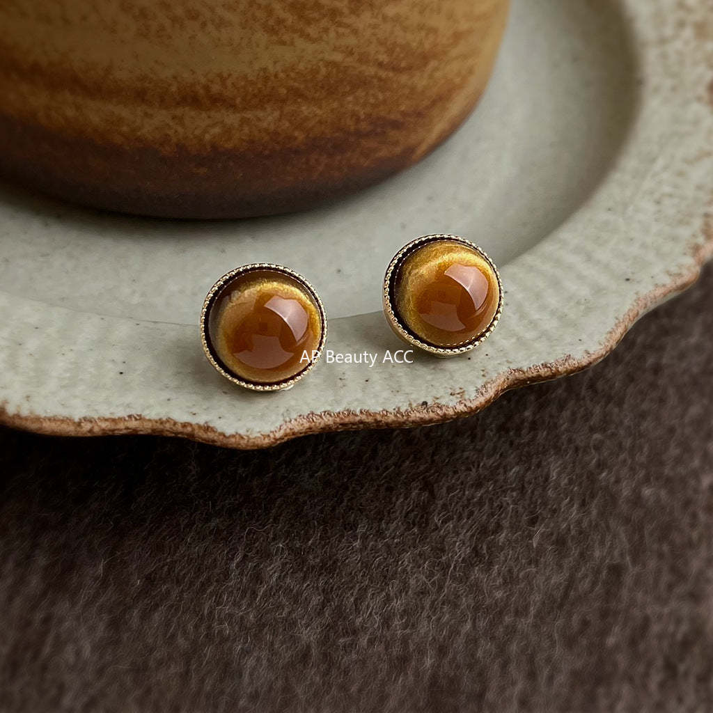 C관 - 925 은침 레트로 원형 레진 브라운 귀걸이 [6979] 25.10-5