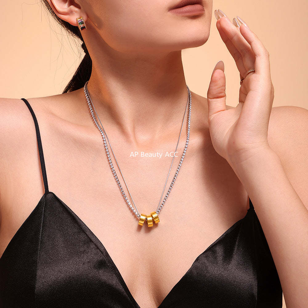 D관 - 티타늄 스틸 18K 도금 컬러 큐빅 3중 초커 3mm 큐빅 목걸이 [P2078] 24.10-3