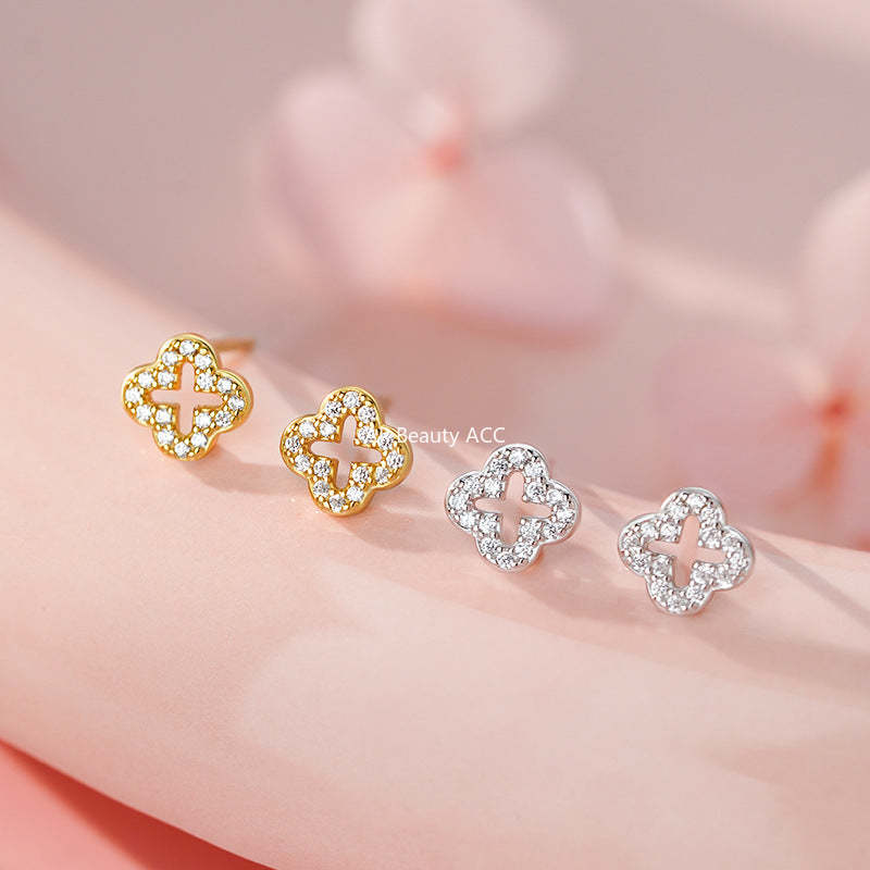 B관 - 999 실버 네잎클로버 디자인 큐빅 귀걸이 [YC7533E] 25.11-3