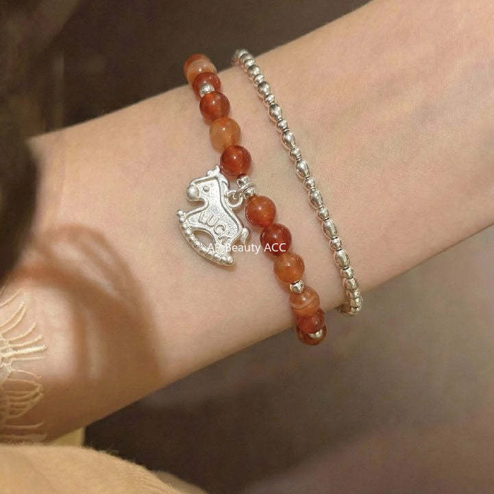 A관 - 925 실버 luck 말 홍마노 미니 비즈 팔찌 [1652] 25.12-3